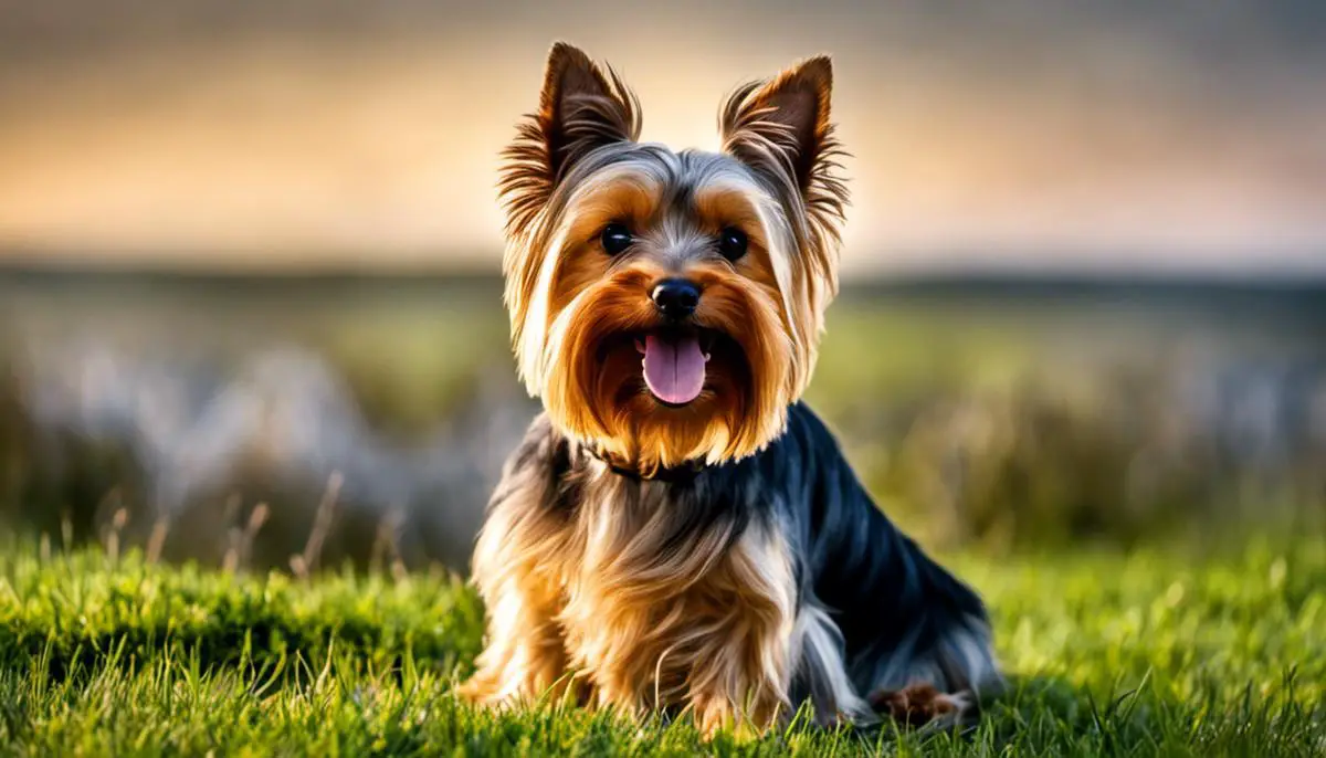 Yorkshire Terrier sitting on a grassy field with a playful expression