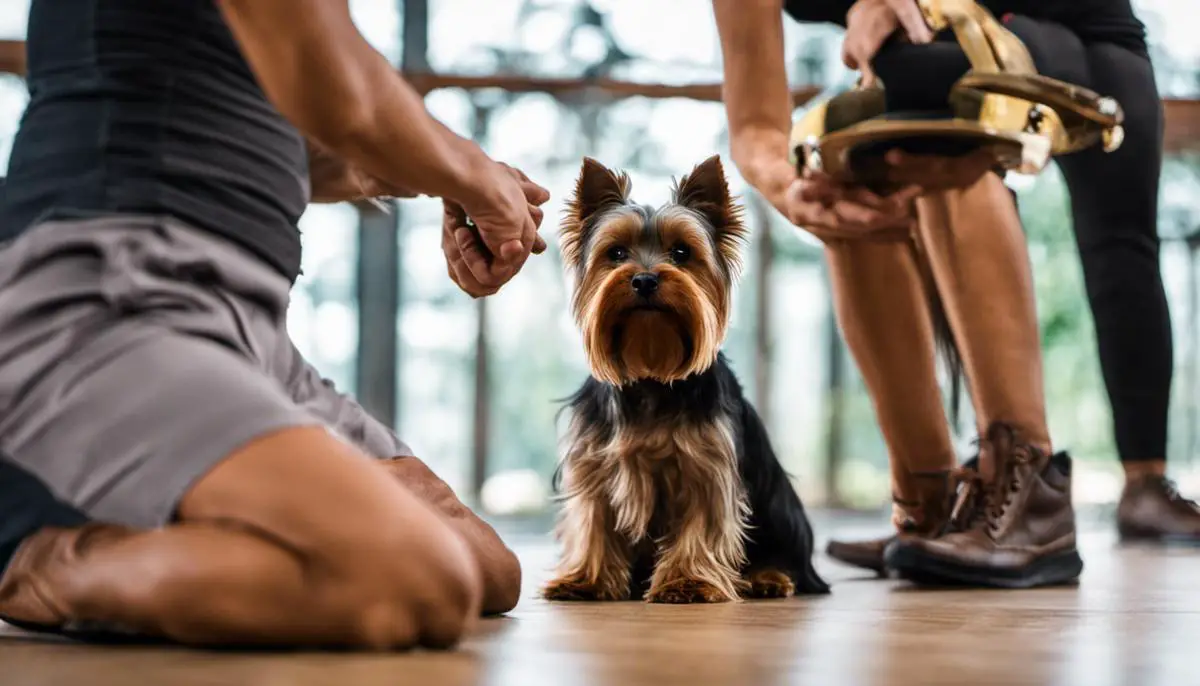An image of a Yorkshire Terrier sitting obediently beside a trainer during a breed-specific training session.