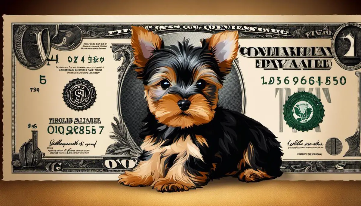 image of a yorkie puppy with a price tag and dollar signs, illustrating the costs associated with owning a yorkie