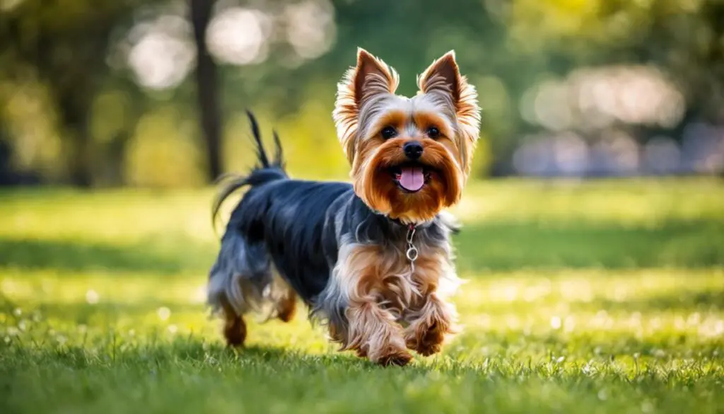 Happy Yorkie is running through the park